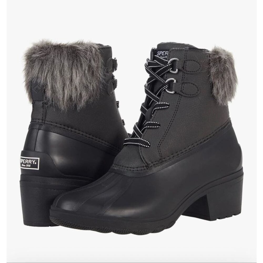 Sperry Black Faux Fur Lace-Up Syren Heel Boots Lug Sole Winter Women’s 9